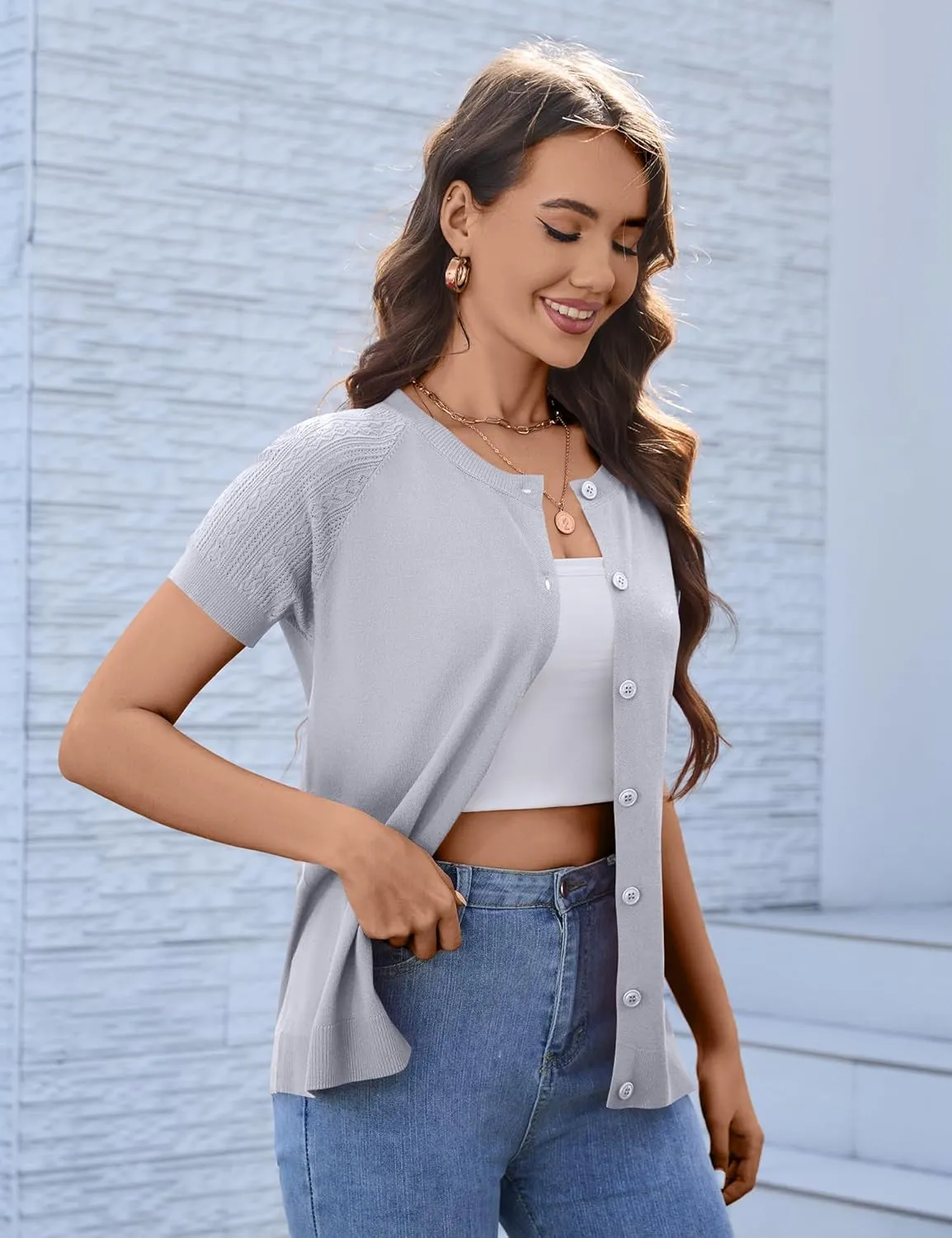 Women's 2025 Short Sleeve Cardigan Button Up Hollowed Out Crewneck Shrug Sweaters Knit Sweater Tops Lightweight