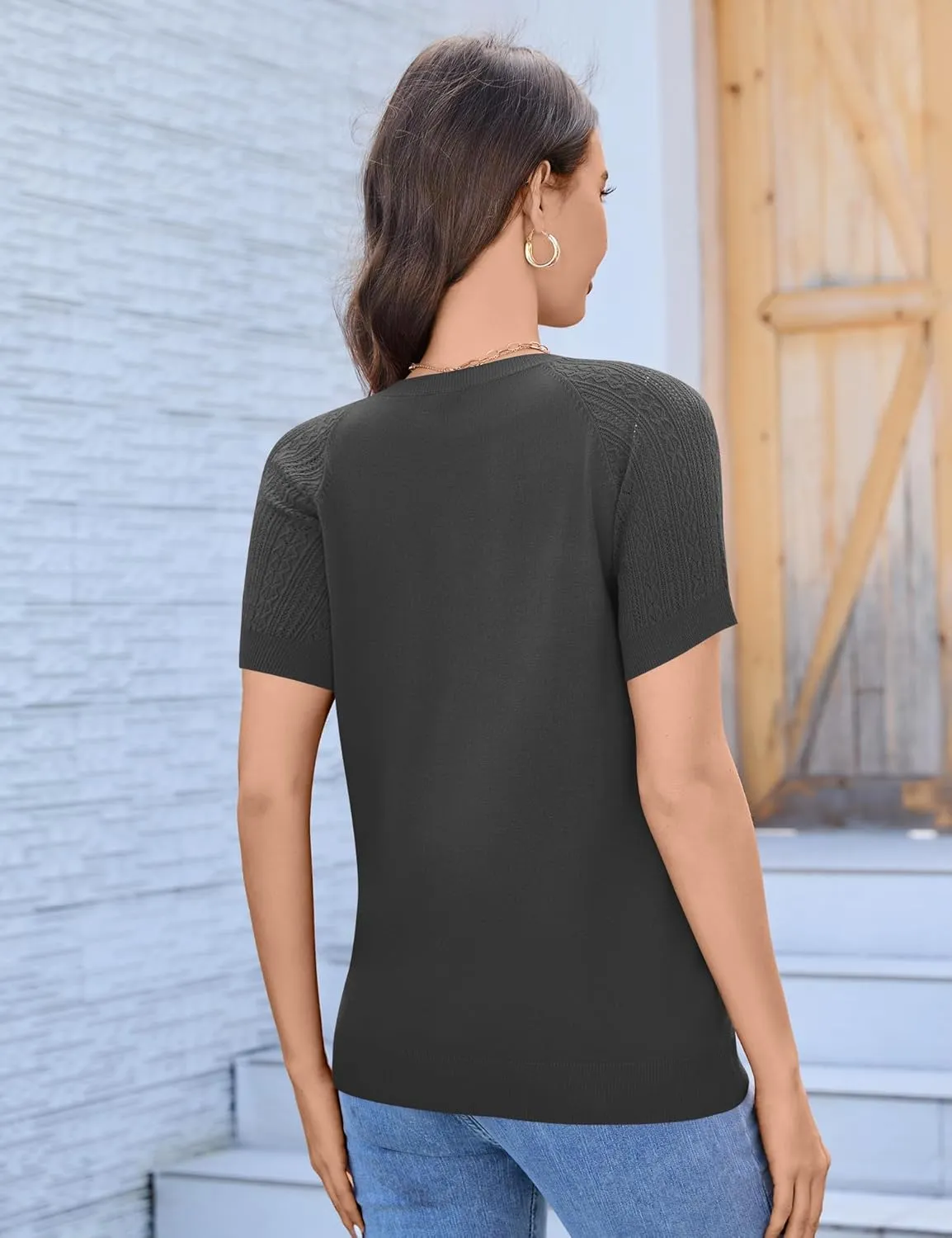 Women's 2025 Short Sleeve Cardigan Button Up Hollowed Out Crewneck Shrug Sweaters Knit Sweater Tops Lightweight