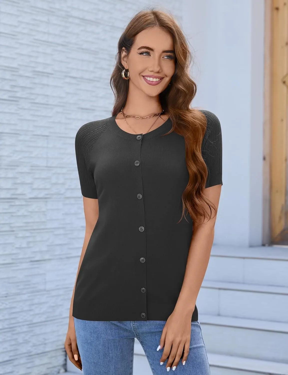 Women's 2025 Short Sleeve Cardigan Button Up Hollowed Out Crewneck Shrug Sweaters Knit Sweater Tops Lightweight