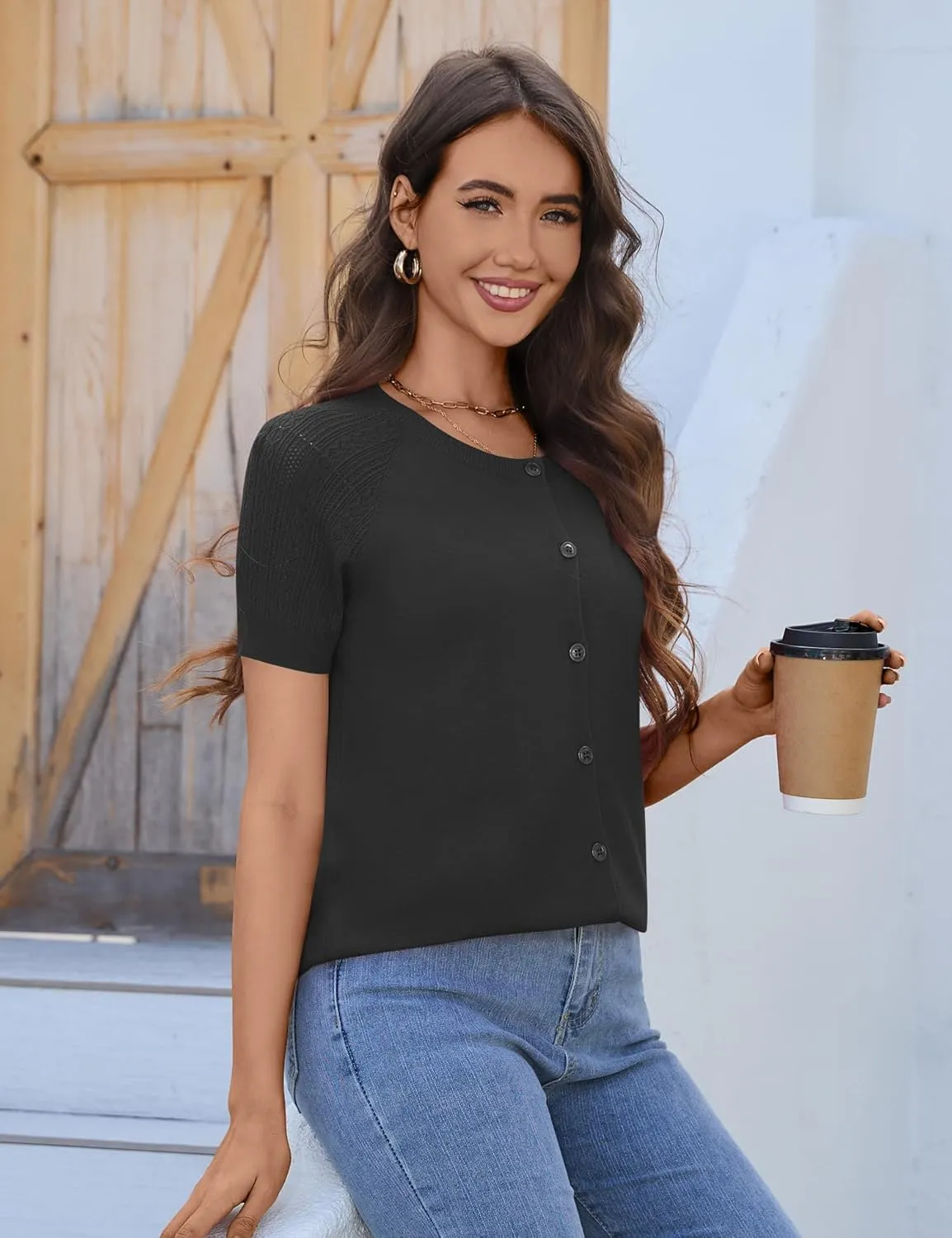 Women's 2025 Short Sleeve Cardigan Button Up Hollowed Out Crewneck Shrug Sweaters Knit Sweater Tops Lightweight