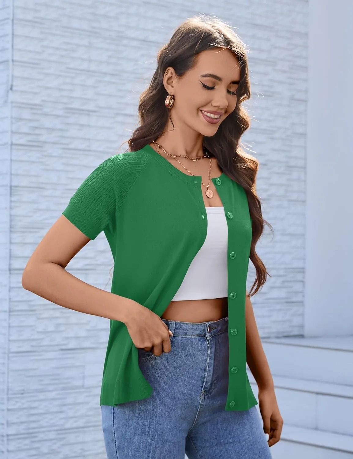 Women's 2025 Short Sleeve Cardigan Button Up Hollowed Out Crewneck Shrug Sweaters Knit Sweater Tops Lightweight