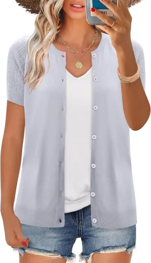 Women's 2025 Short Sleeve Cardigan Button Up Hollowed Out Crewneck Shrug Sweaters Knit Sweater Tops Lightweight