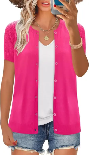 Women's 2025 Short Sleeve Cardigan Button Up Hollowed Out Crewneck Shrug Sweaters Knit Sweater Tops Lightweight