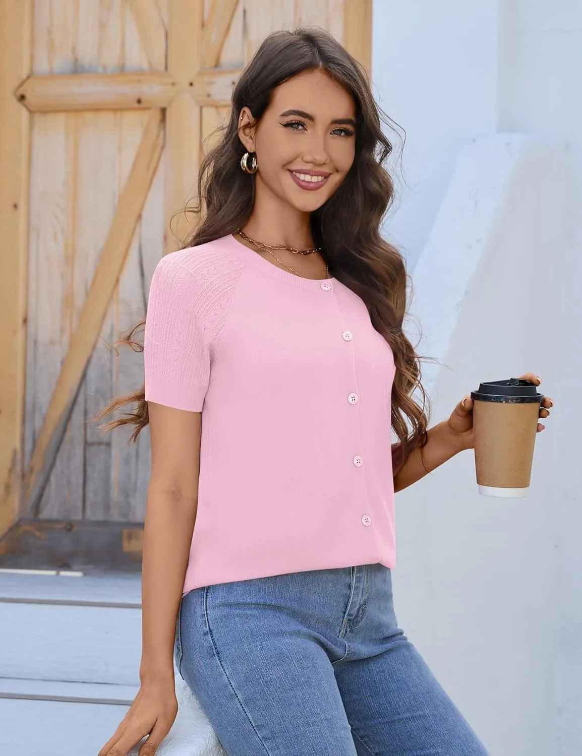 Women's 2025 Short Sleeve Cardigan Button Up Hollowed Out Crewneck Shrug Sweaters Knit Sweater Tops Lightweight