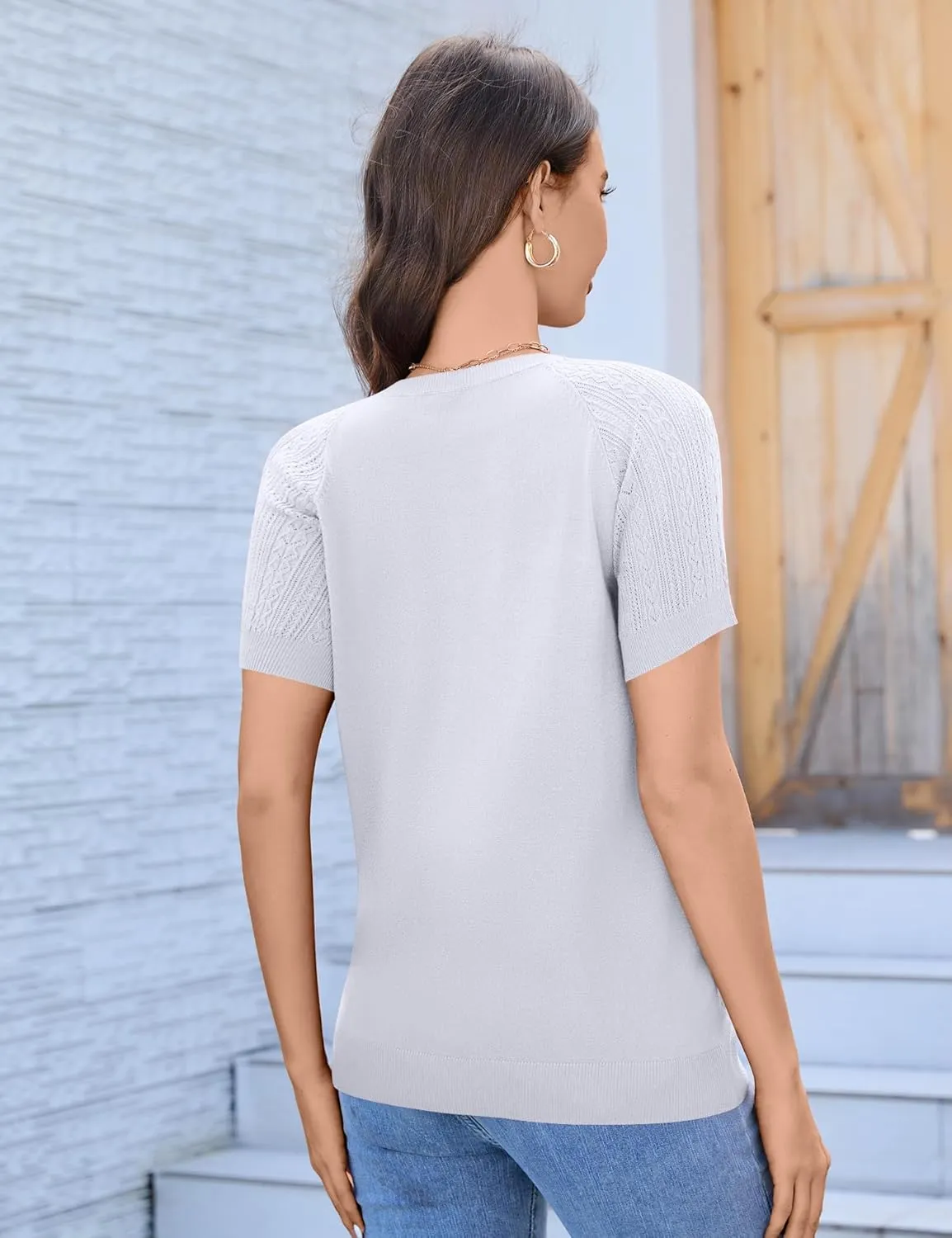 Women's 2025 Short Sleeve Cardigan Button Up Hollowed Out Crewneck Shrug Sweaters Knit Sweater Tops Lightweight