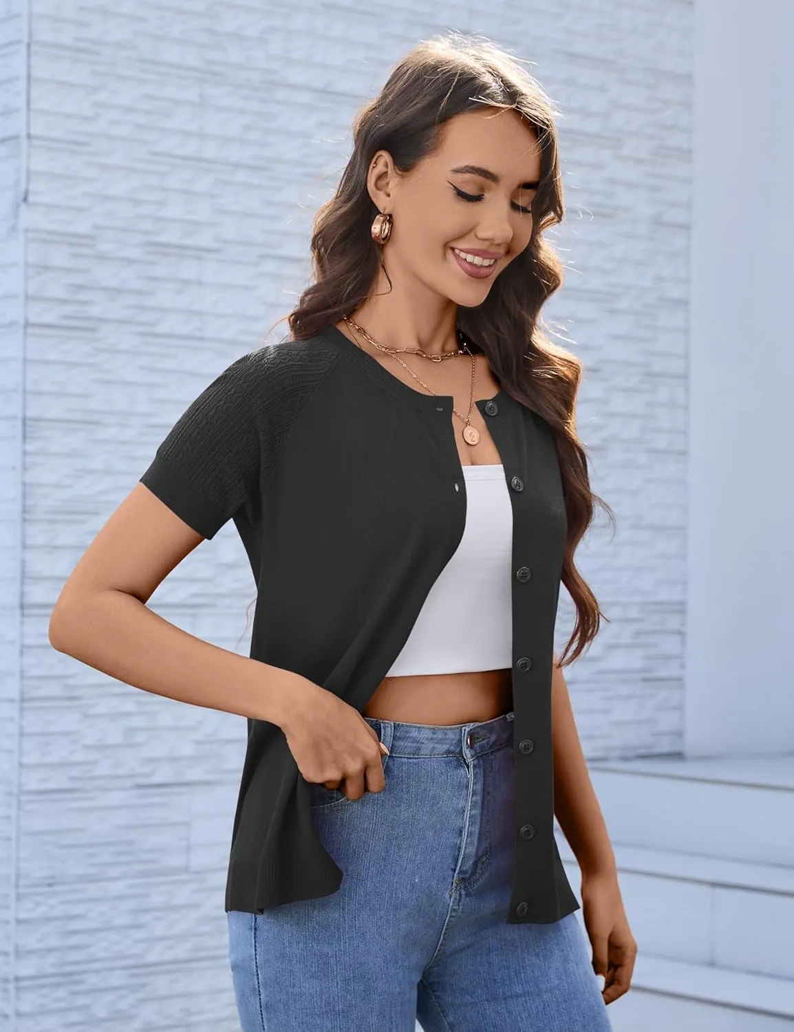 Women's 2025 Short Sleeve Cardigan Button Up Hollowed Out Crewneck Shrug Sweaters Knit Sweater Tops Lightweight