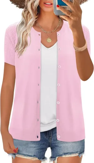 Women's 2025 Short Sleeve Cardigan Button Up Hollowed Out Crewneck Shrug Sweaters Knit Sweater Tops Lightweight