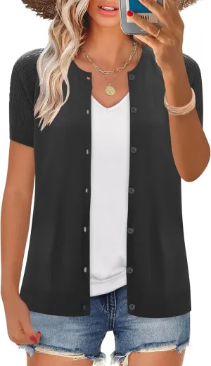 Women's 2025 Short Sleeve Cardigan Button Up Hollowed Out Crewneck Shrug Sweaters Knit Sweater Tops Lightweight