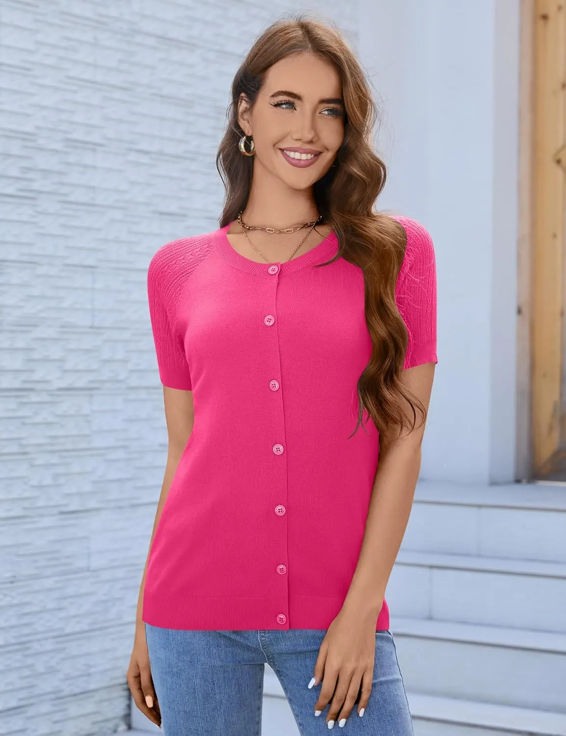 Women's 2025 Short Sleeve Cardigan Button Up Hollowed Out Crewneck Shrug Sweaters Knit Sweater Tops Lightweight