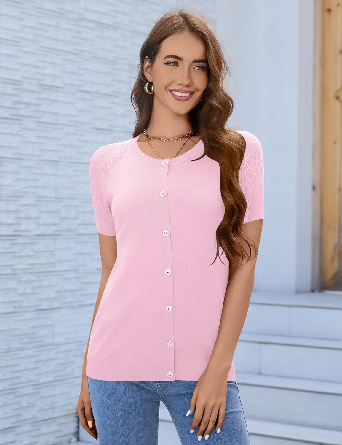 Women's 2025 Short Sleeve Cardigan Button Up Hollowed Out Crewneck Shrug Sweaters Knit Sweater Tops Lightweight