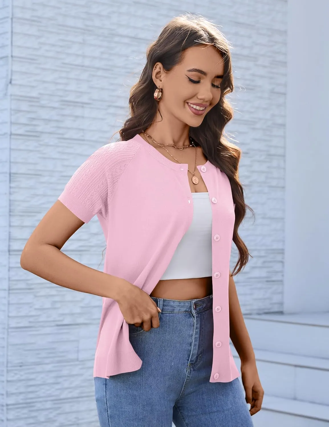 Women's 2025 Short Sleeve Cardigan Button Up Hollowed Out Crewneck Shrug Sweaters Knit Sweater Tops Lightweight
