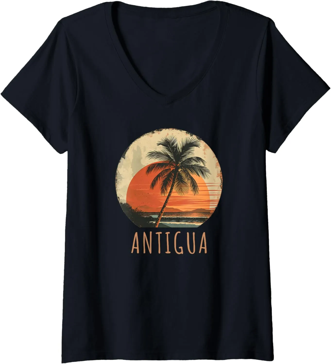 Womens Antigua Barbuda Beach Palm Trees Summer Sunset Vintage V-Neck T-Shirt
