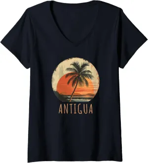 Womens Antigua Barbuda Beach Palm Trees Summer Sunset Vintage V-Neck T-Shirt