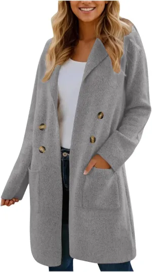 Womens Business Long Double Breasted Coats Lapel Collar Pea Coat Winter Slim Fit Jackets Fashion Trench Coat Outwear