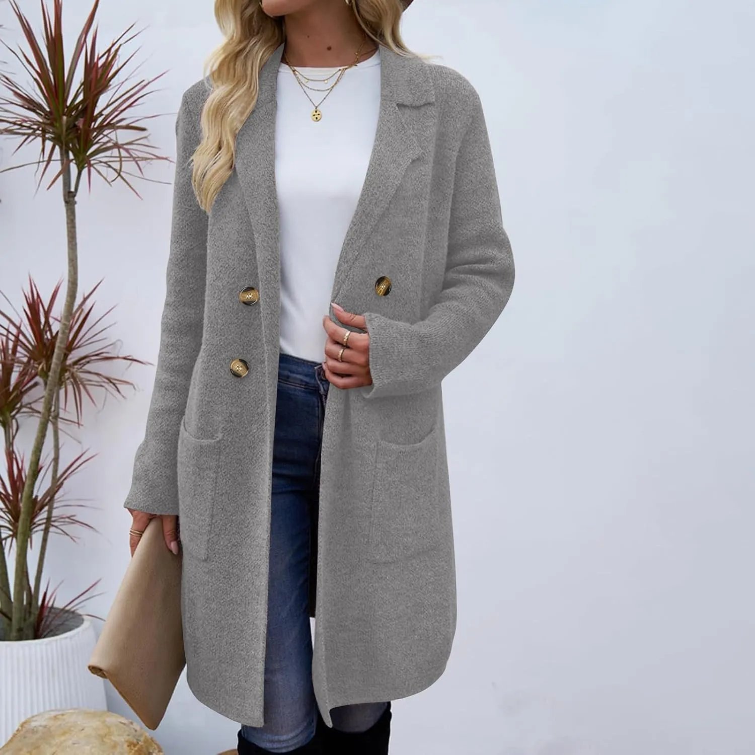 Womens Business Long Double Breasted Coats Lapel Collar Pea Coat Winter Slim Fit Jackets Fashion Trench Coat Outwear