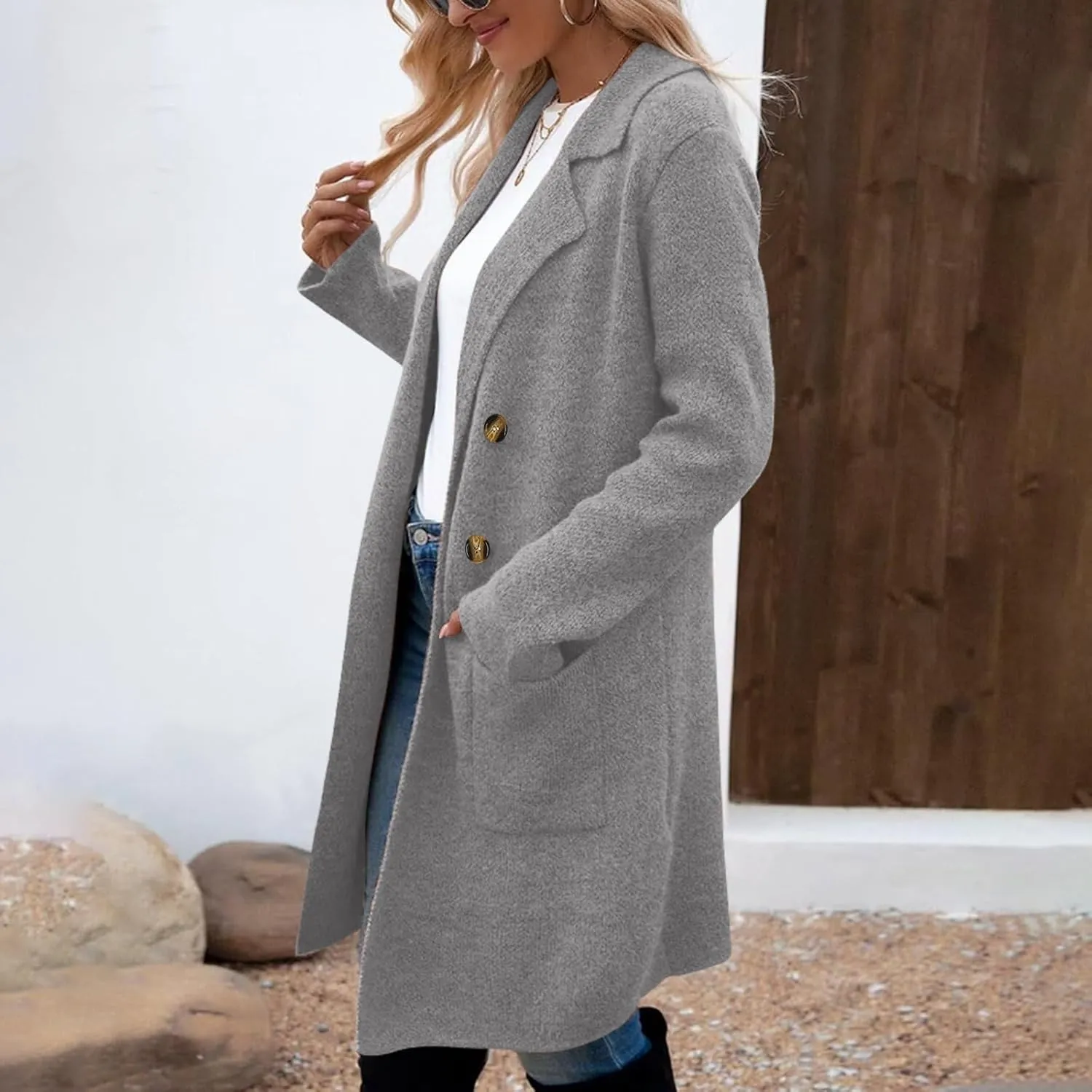Womens Business Long Double Breasted Coats Lapel Collar Pea Coat Winter Slim Fit Jackets Fashion Trench Coat Outwear
