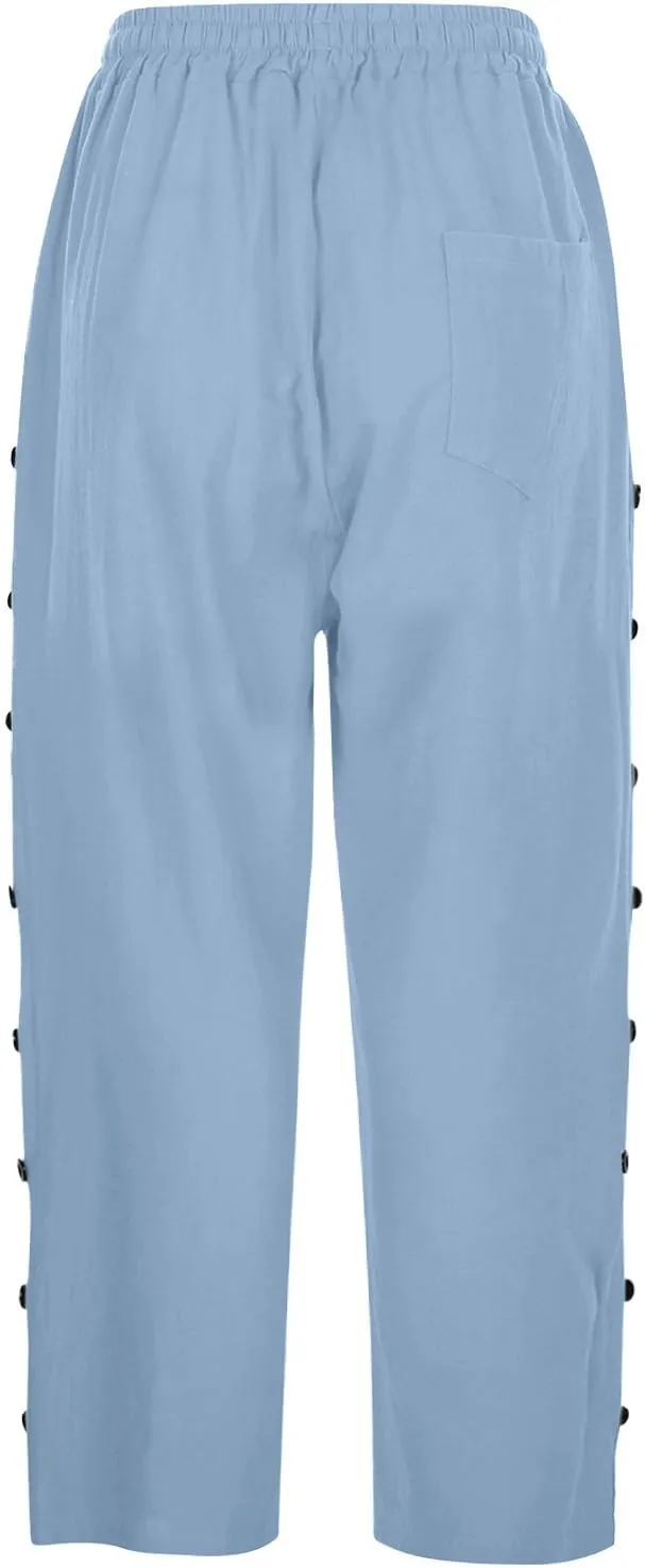 Womens Capris Pants High Waist Drawstring Comfy Casual Pants Casua Lightweight Loose Buttons Trousers with Pockets