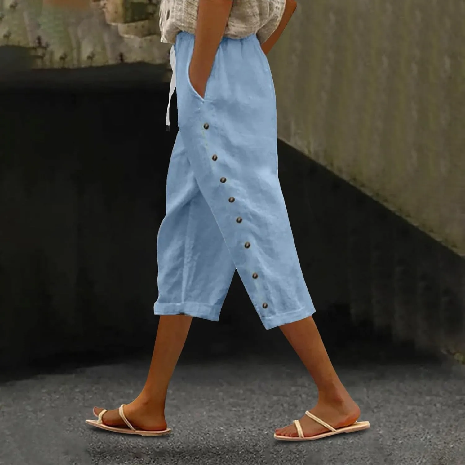 Womens Capris Pants High Waist Drawstring Comfy Casual Pants Casua Lightweight Loose Buttons Trousers with Pockets