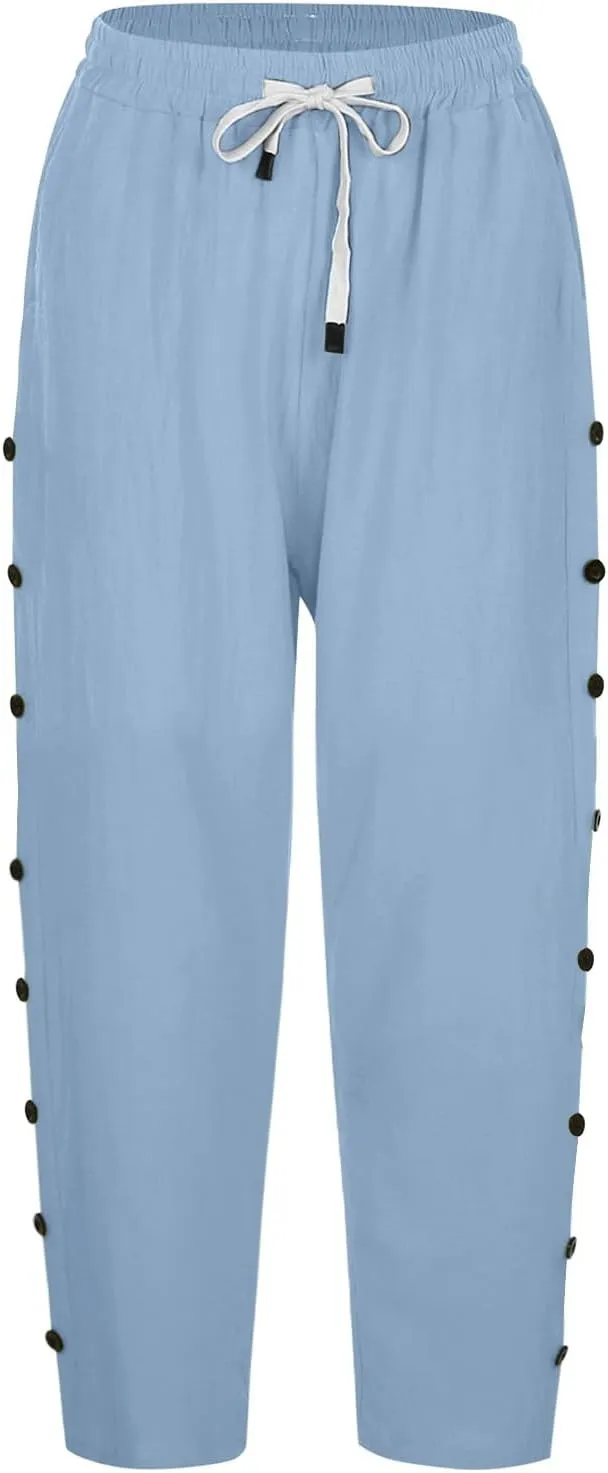 Womens Capris Pants High Waist Drawstring Comfy Casual Pants Casua Lightweight Loose Buttons Trousers with Pockets