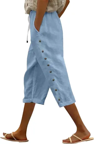Womens Capris Pants High Waist Drawstring Comfy Casual Pants Casua Lightweight Loose Buttons Trousers with Pockets