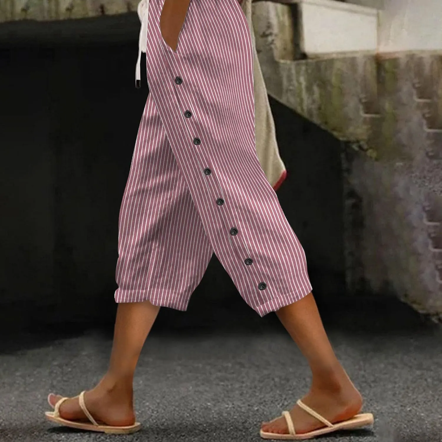 Womens Capris Pants High Waist Drawstring Comfy Casual Pants Casua Lightweight Loose Buttons Trousers with Pockets