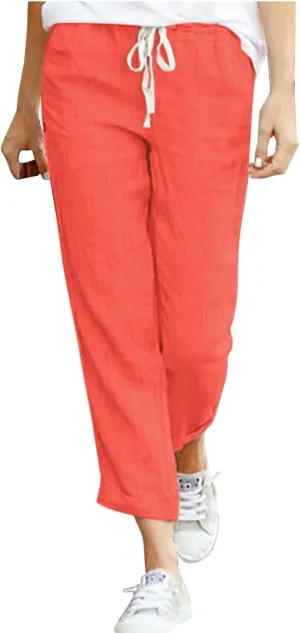 Women's Casual Cotton Linen Pants High Waisted Baggy Pants with Elastic Waist Relax Fit Lantern Trouser with Pockets