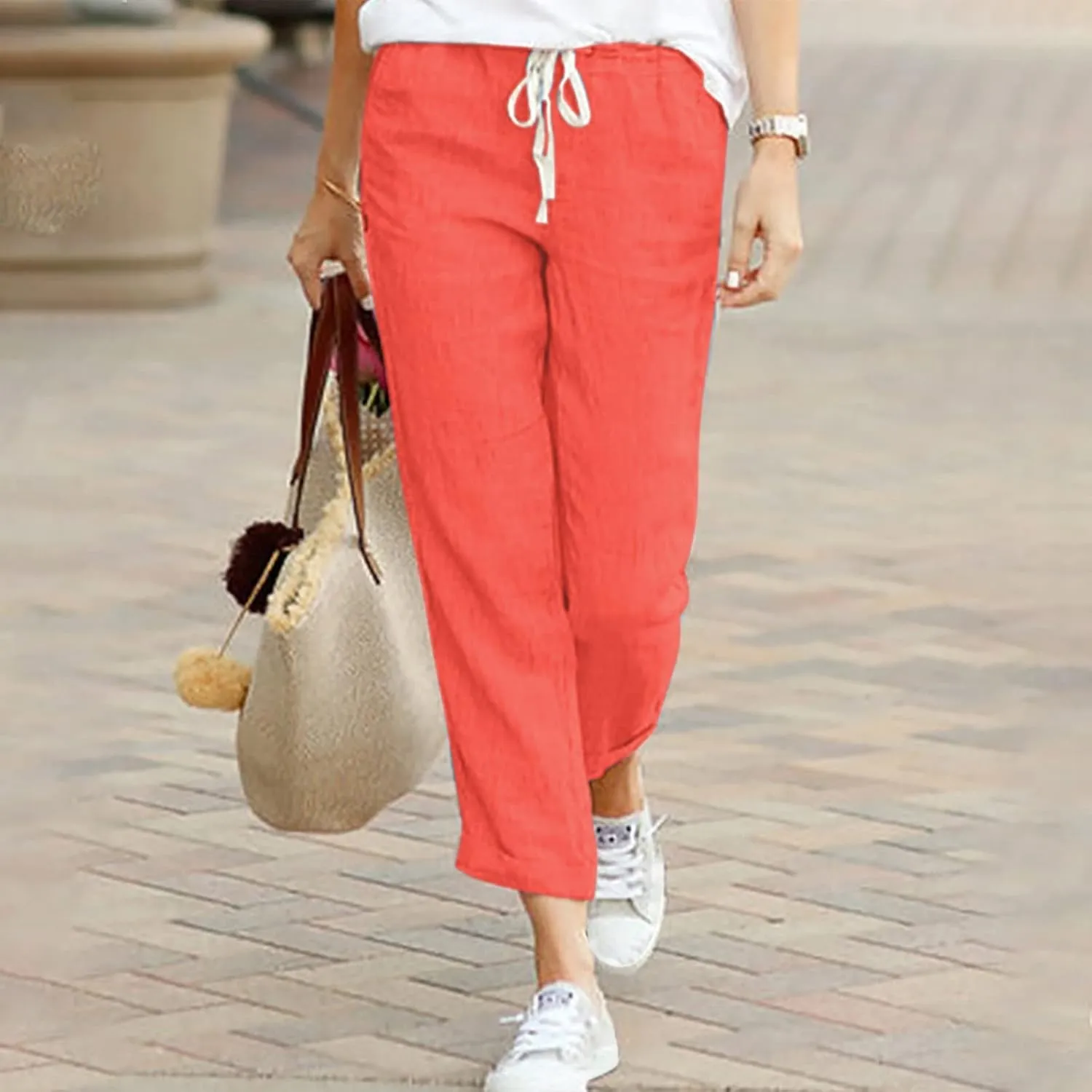 Women's Casual Cotton Linen Pants High Waisted Baggy Pants with Elastic Waist Relax Fit Lantern Trouser with Pockets