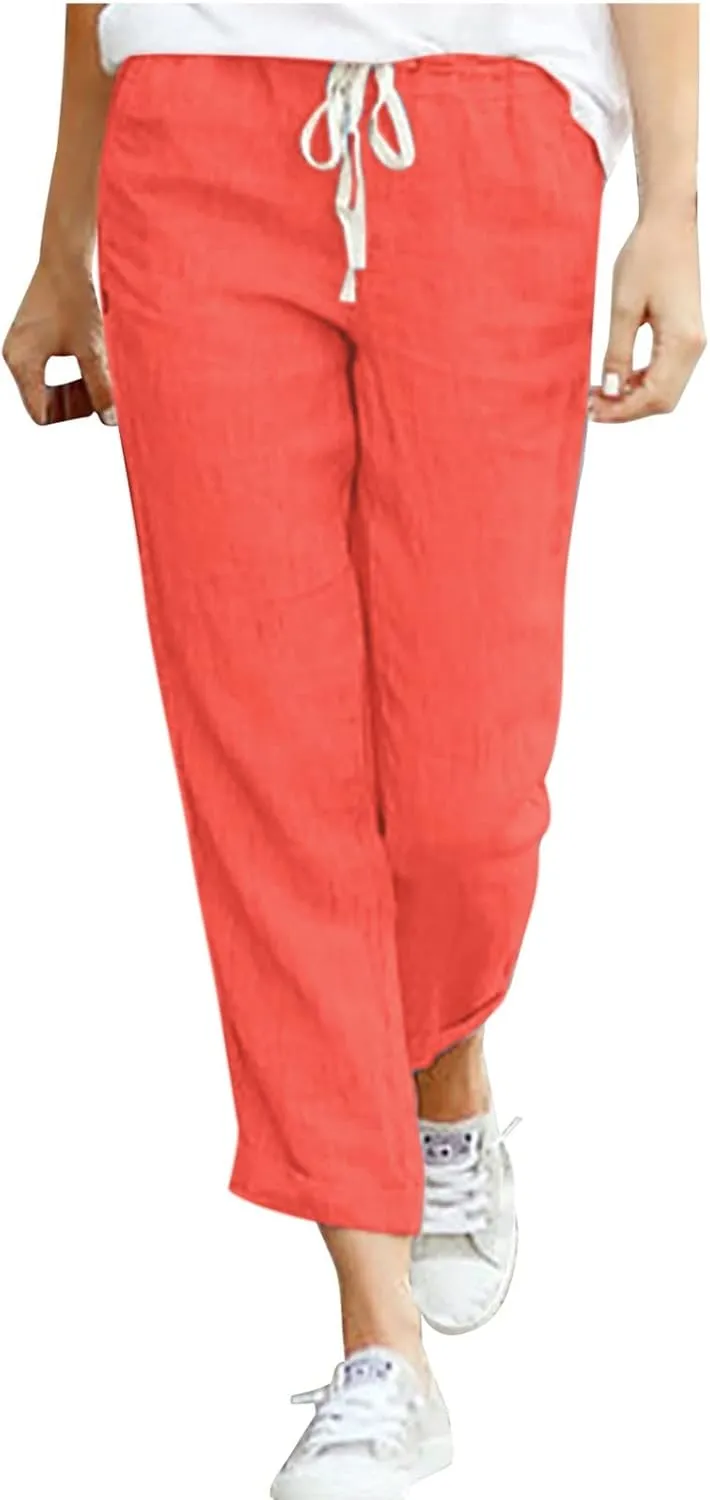 Women's Casual Cotton Linen Pants High Waisted Baggy Pants with Elastic Waist Relax Fit Lantern Trouser with Pockets