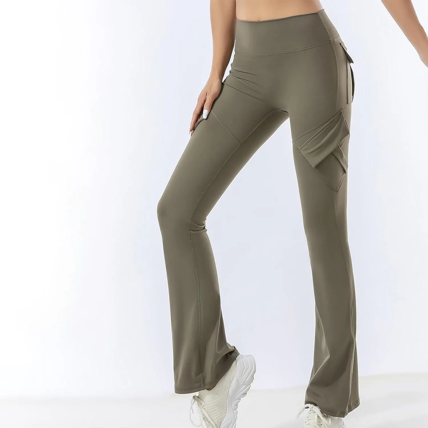 Womens Casual Yoga Pants Solid Elastic High Waist Lifting Leggings Outdoor Fitness Sports Tights with Flap Pockets