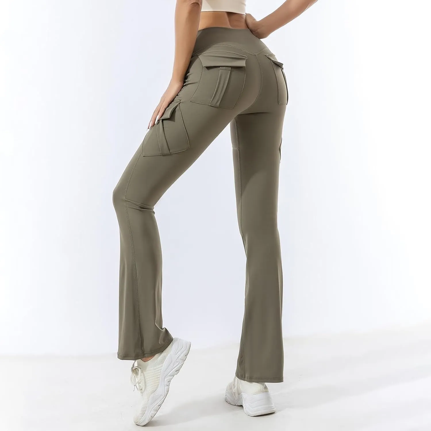 Womens Casual Yoga Pants Solid Elastic High Waist Lifting Leggings Outdoor Fitness Sports Tights with Flap Pockets