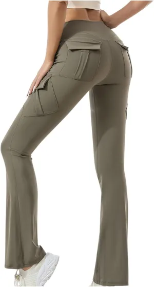 Womens Casual Yoga Pants Solid Elastic High Waist Lifting Leggings Outdoor Fitness Sports Tights with Flap Pockets