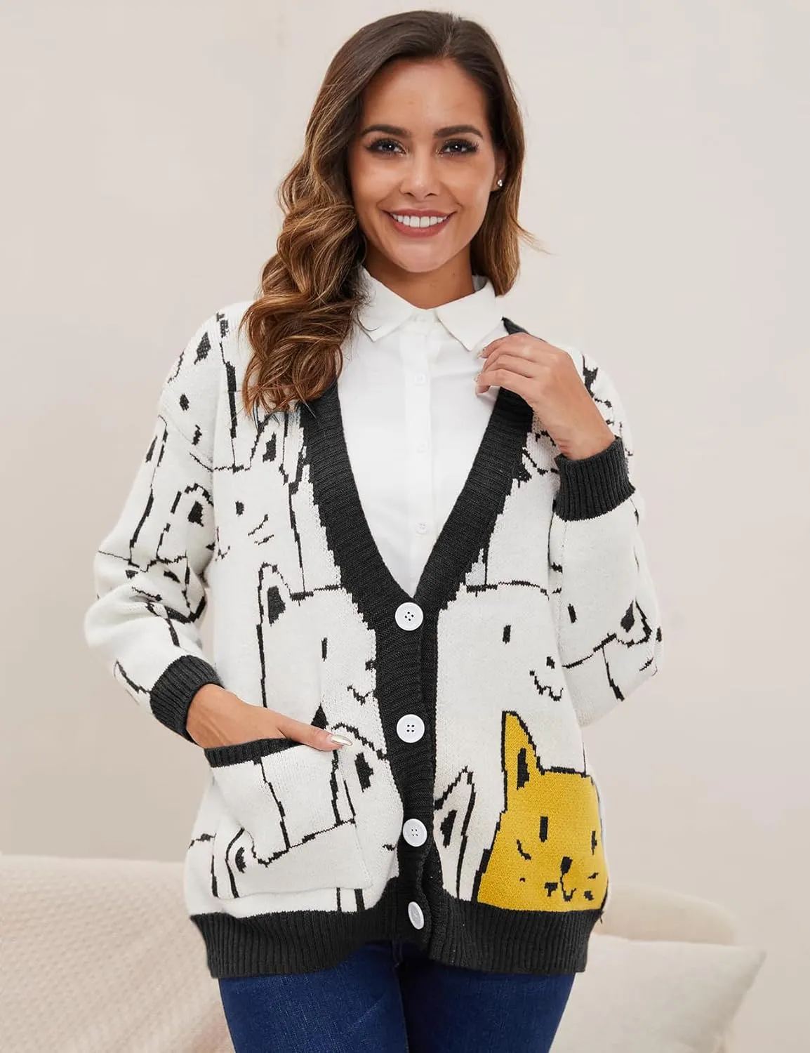 Women's Cat Sweater Cardigan Oversized Kawaii Cartoon Button Down Open Front Cat Print Knit Vintage Cardigan Sweater