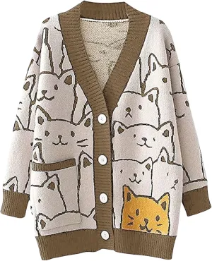 Women's Cat Sweater Cardigan Oversized Kawaii Cartoon Button Down Open Front Cat Print Knit Vintage Cardigan Sweater