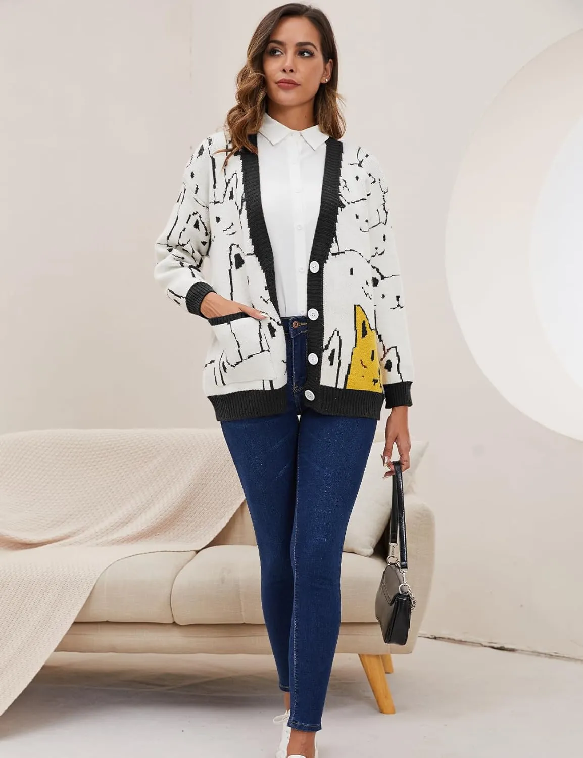 Women's Cat Sweater Cardigan Oversized Kawaii Cartoon Button Down Open Front Cat Print Knit Vintage Cardigan Sweater