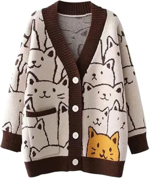 Women's Cat Sweater Cardigan Oversized Kawaii Cartoon Button Down Open Front Cat Print Knit Vintage Cardigan Sweater