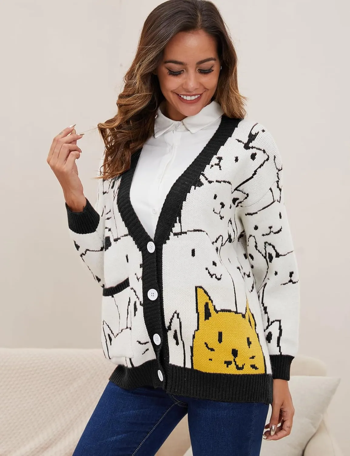 Women's Cat Sweater Cardigan Oversized Kawaii Cartoon Button Down Open Front Cat Print Knit Vintage Cardigan Sweater