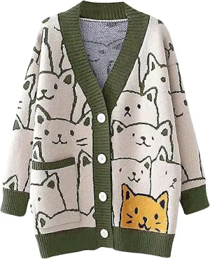 Women's Cat Sweater Cardigan Oversized Kawaii Cartoon Button Down Open Front Cat Print Knit Vintage Cardigan Sweater
