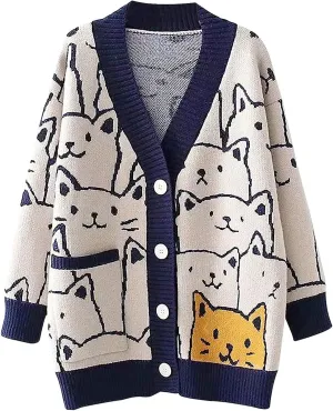 Women's Cat Sweater Cardigan Oversized Kawaii Cartoon Button Down Open Front Cat Print Knit Vintage Cardigan Sweater