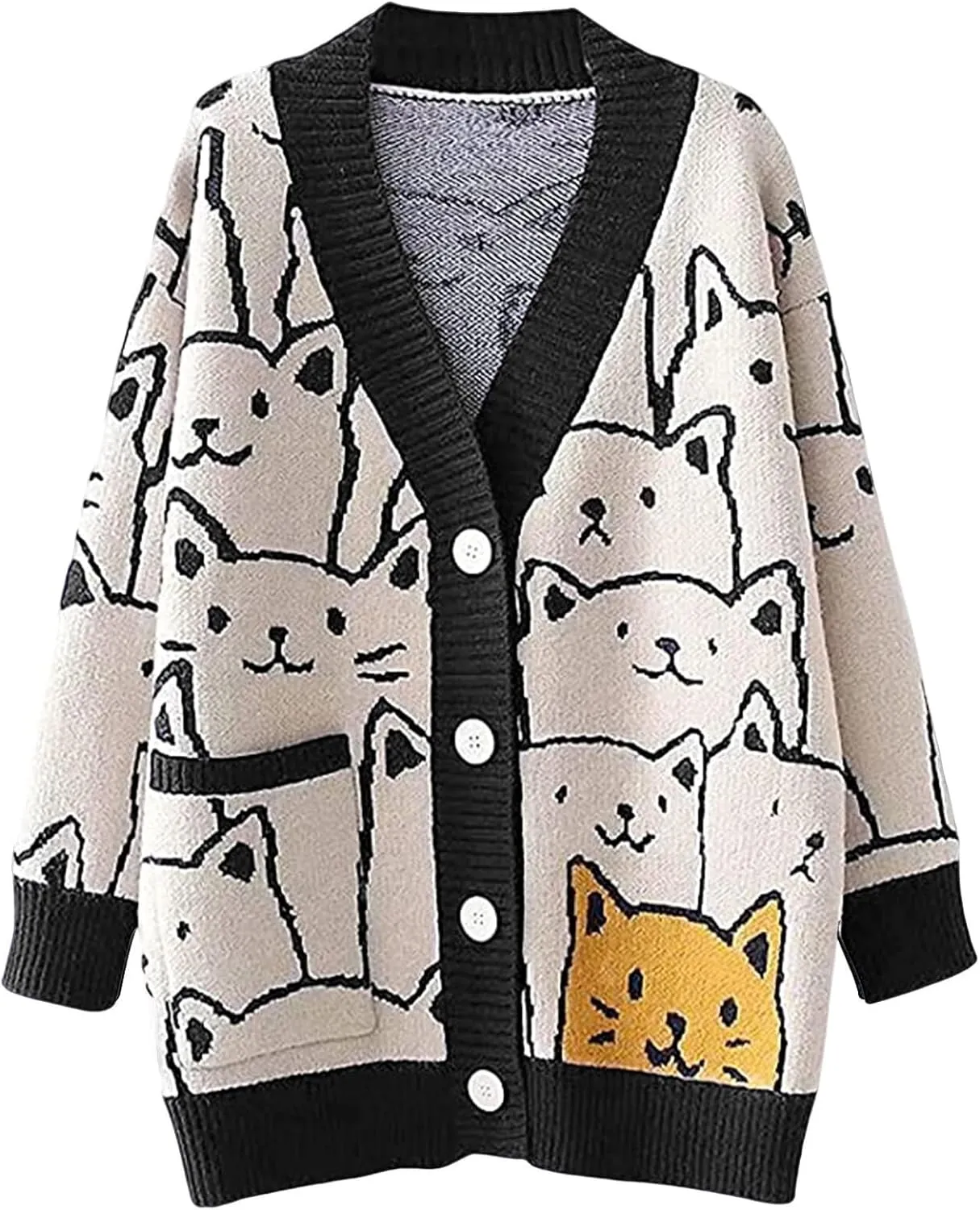 Women's Cat Sweater Cardigan Oversized Kawaii Cartoon Button Down Open Front Cat Print Knit Vintage Cardigan Sweater