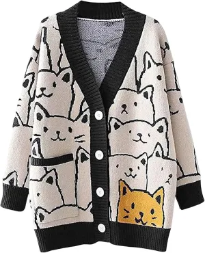 Women's Cat Sweater Cardigan Oversized Kawaii Cartoon Button Down Open Front Cat Print Knit Vintage Cardigan Sweater