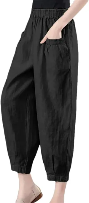Women's Cotton and Linen Casual Pants Loose Solid Color High Waist Pocket Harem Pants