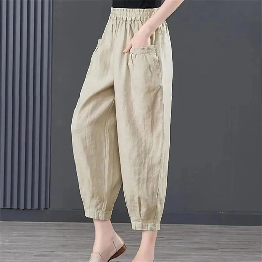 Women's Cotton and Linen Casual Pants Loose Solid Color High Waist Pocket Harem Pants