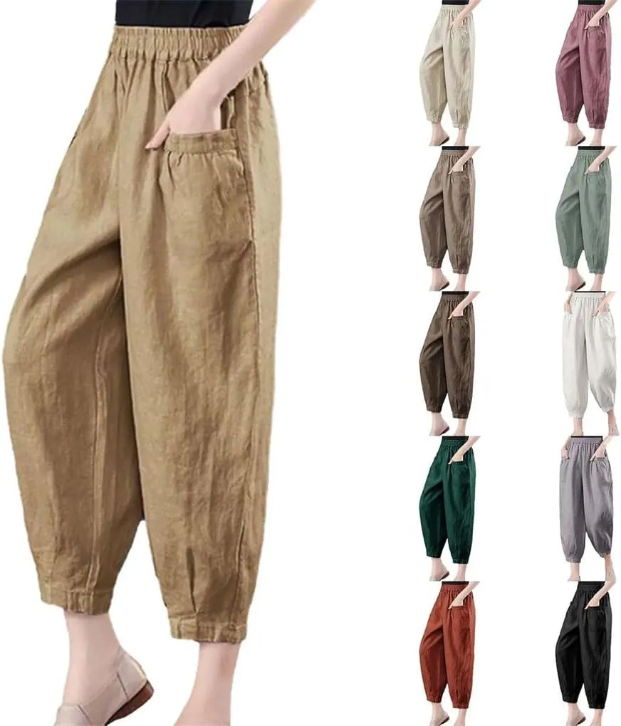 Women's Cotton and Linen Casual Pants Loose Solid Color High Waist Pocket Harem Pants