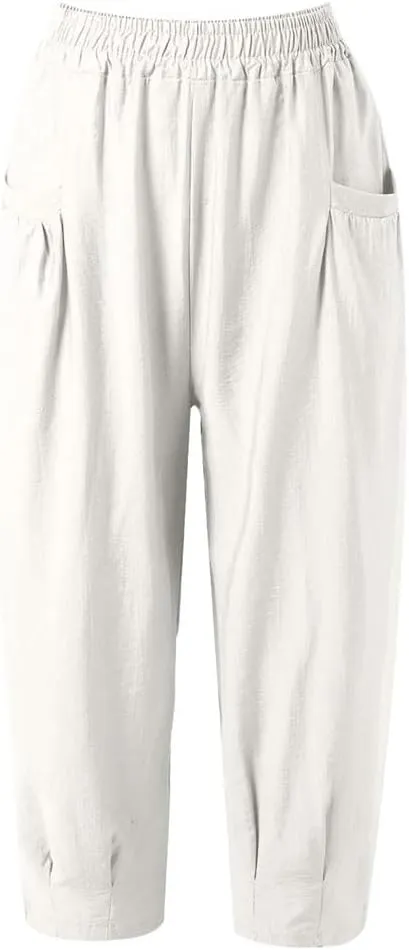 Women's Cotton and Linen Casual Pants Loose Solid Color High Waist Pocket Harem Pants