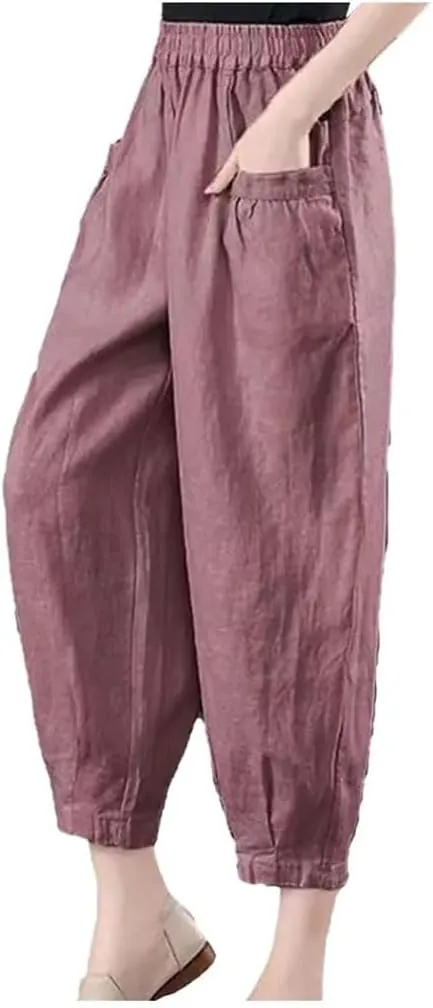 Women's Cotton and Linen Casual Pants Loose Solid Color High Waist Pocket Harem Pants