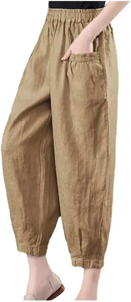 Women's Cotton and Linen Casual Pants Loose Solid Color High Waist Pocket Harem Pants