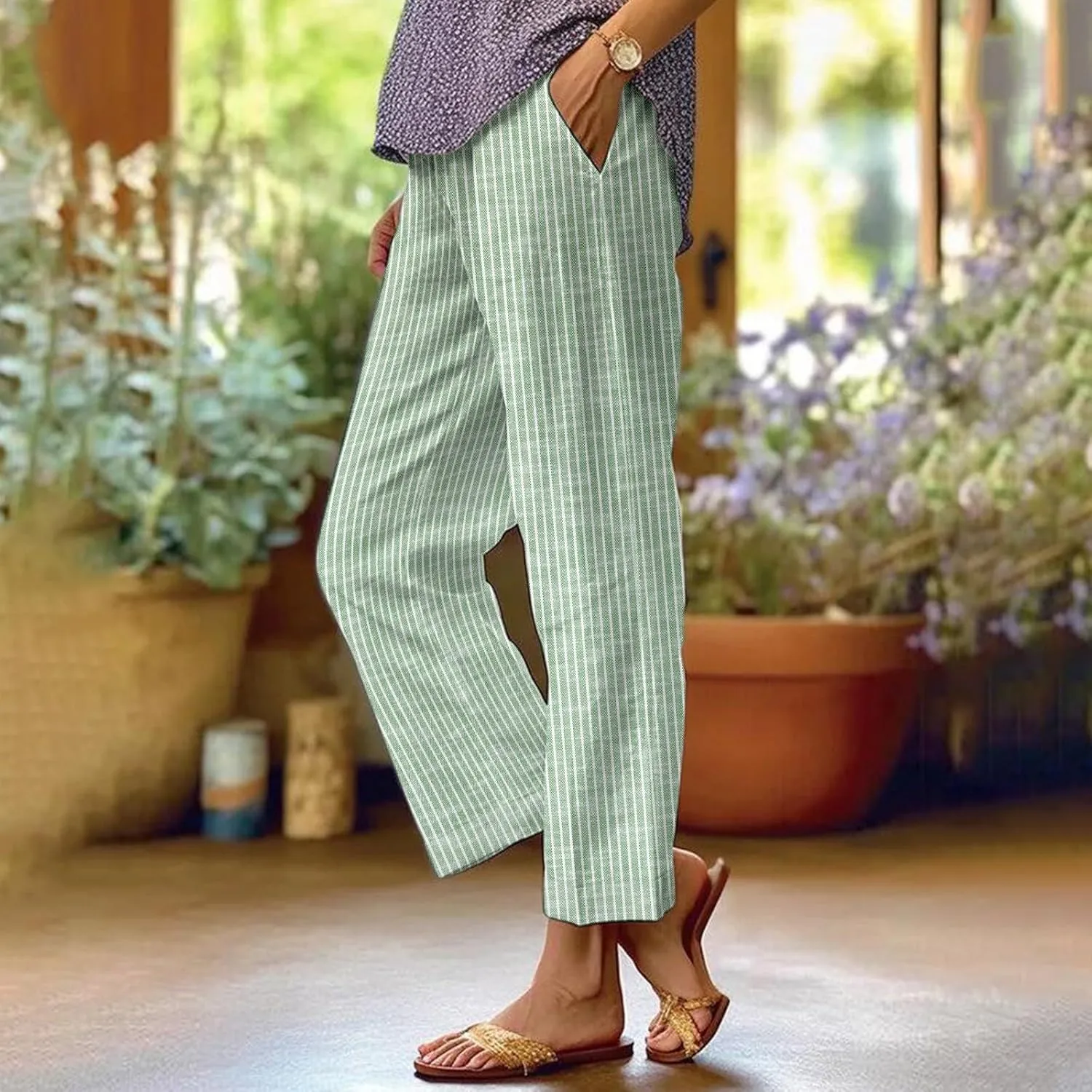 Women's Cotton Linen Pants Casual Boho Floral Print Elastic Waisted Drawstring Summer Palazzo Beach Baggy Capri Pant