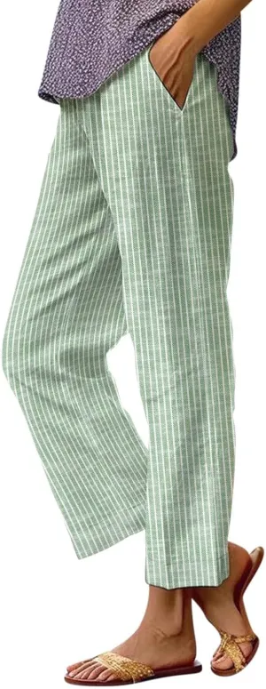Women's Cotton Linen Pants Casual Boho Floral Print Elastic Waisted Drawstring Summer Palazzo Beach Baggy Capri Pant