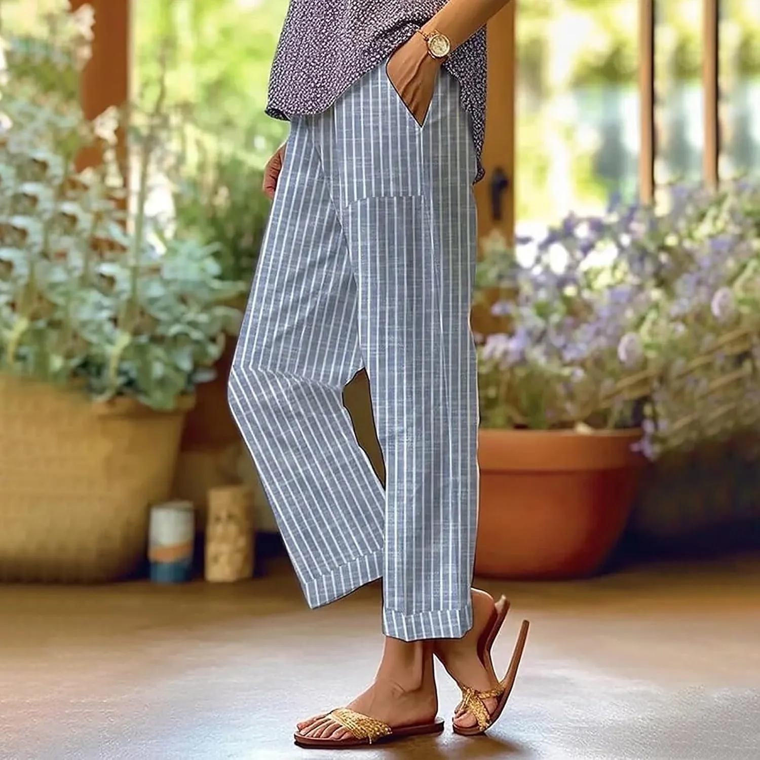 Women's Cotton Linen Pants Casual Boho Floral Print Elastic Waisted Drawstring Summer Palazzo Beach Baggy Capri Pant