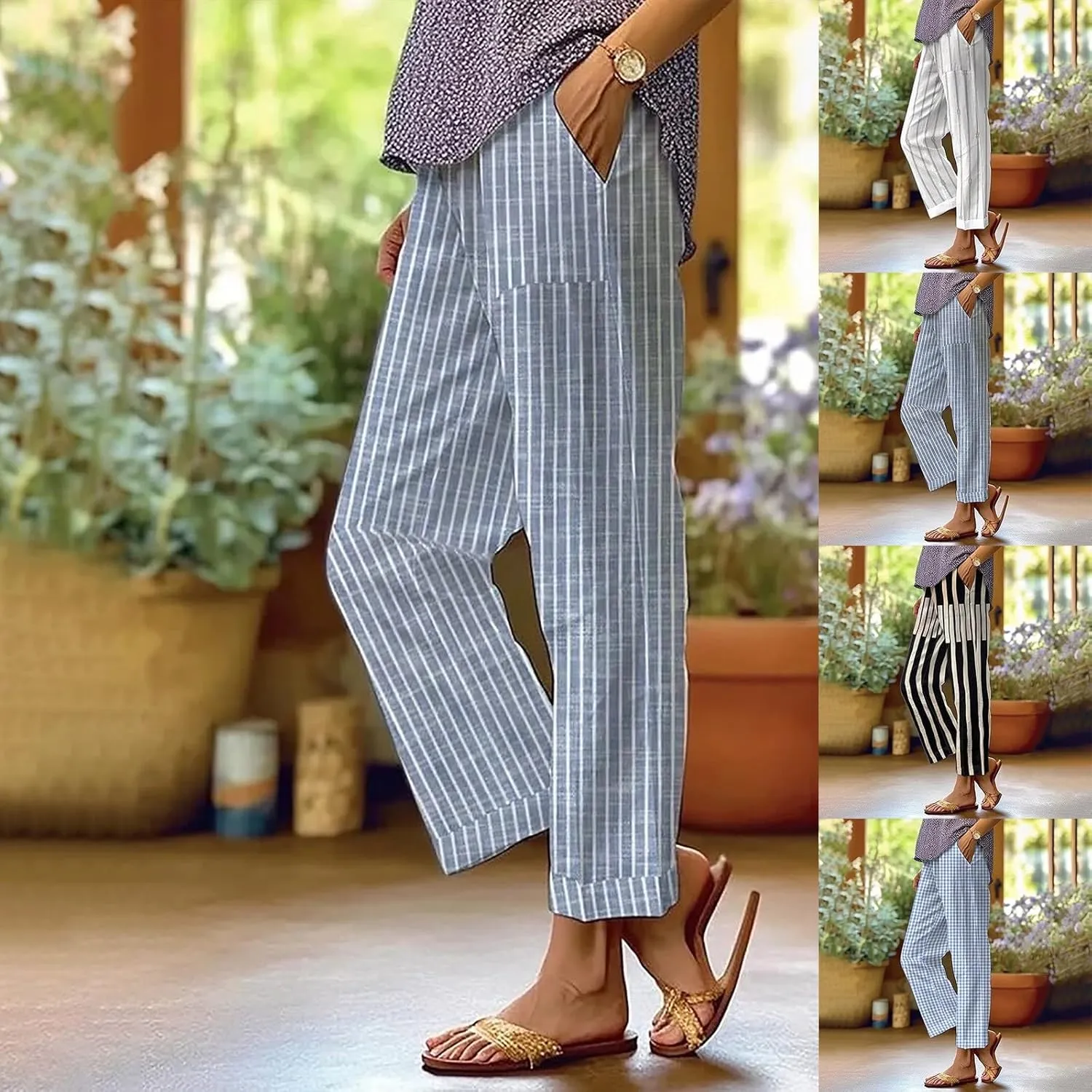 Women's Cotton Linen Pants Casual Boho Floral Print Elastic Waisted Drawstring Summer Palazzo Beach Baggy Capri Pant